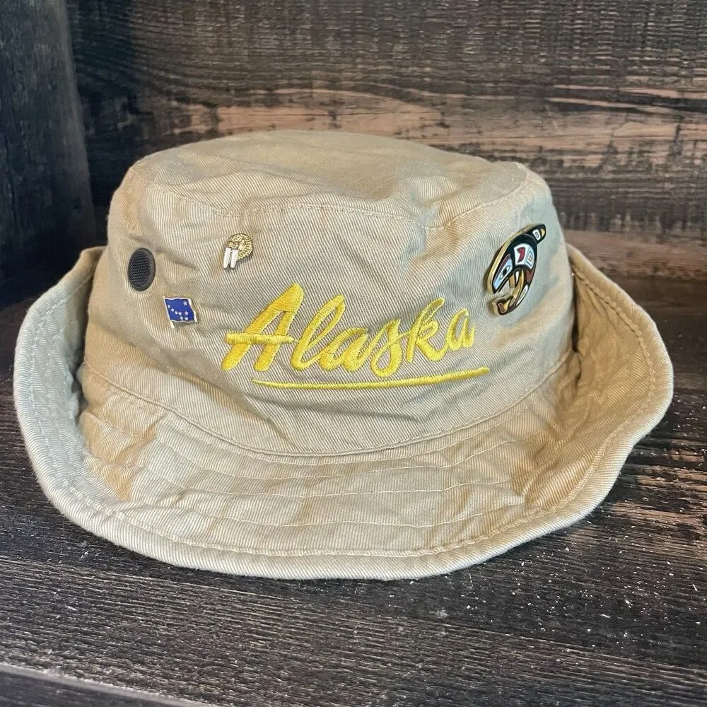 Vintage Northwest Coast Alaska Fishing Hat Orca Native Art, Flag, Walrus Pins
